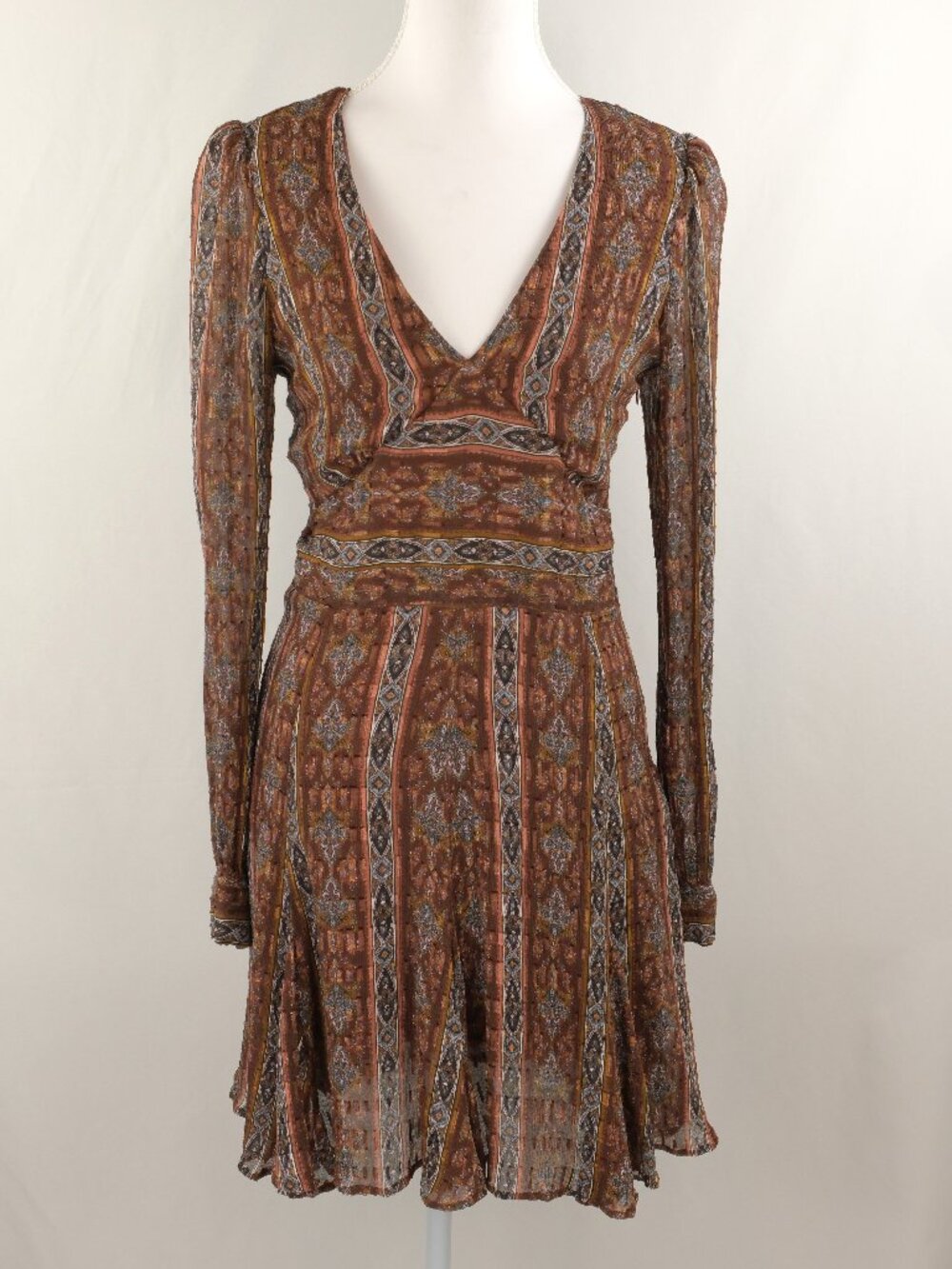 Paige Bucatini Paisley Silk-Blend V-neck A-Line Mini Dress, Brown Multi, US 6